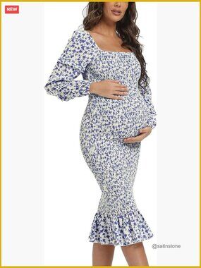 Long Puff Sleeve Maternity Dress Mermaid Ruffle Hem